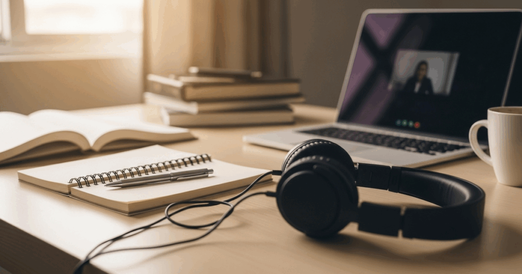 imagem ilustrativa de mesa de estudos com notebook em chamada de vídeo, cadernos e livros de estudo e fone de ouvido