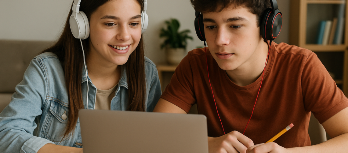imagem ilustrativa de dois jovens, uma menina de cabelo liso castanho, usando roupa jeans e fone de ouvido branco, um menino de blusa marrom, cabelo liso usando fone de ouvido preto estudando em notebook por meio de uma plataforma educacional