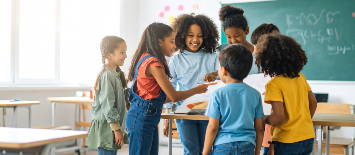 Crianças juntas em sala de aula, demonstrando engajamento, clima escolar positivo e contribuindo para a retenção de alunos.